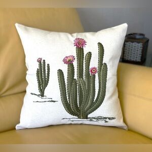 18x18 Embroidered Pink Flowering Cacti Cactus Linen Blend Throw Pillow Cover New